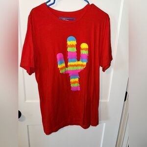 Red Short Sleeve Tee with Geometric Cactus Design